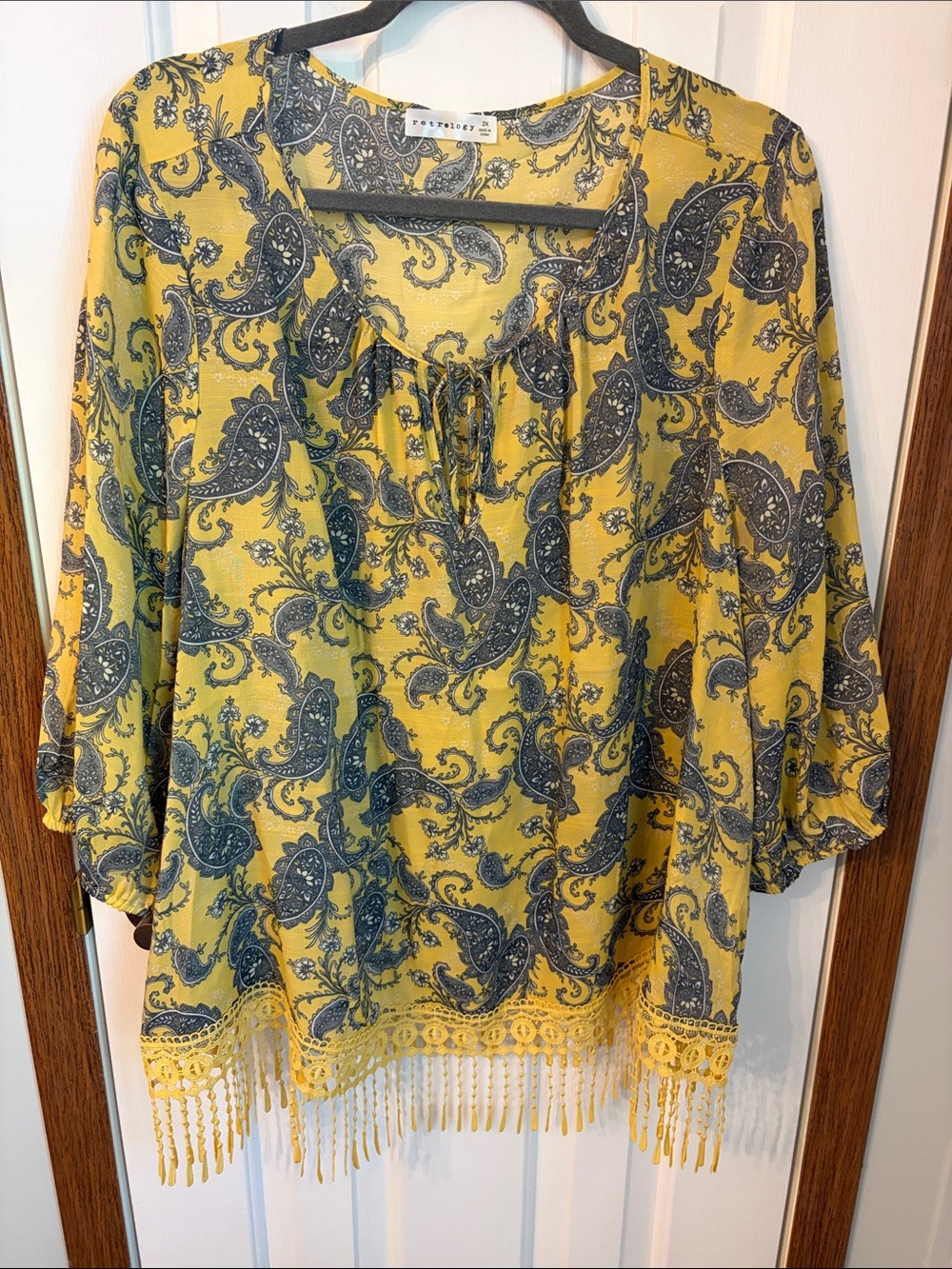 Mustard Paisley Tie-Neck Fringe Tunic Top